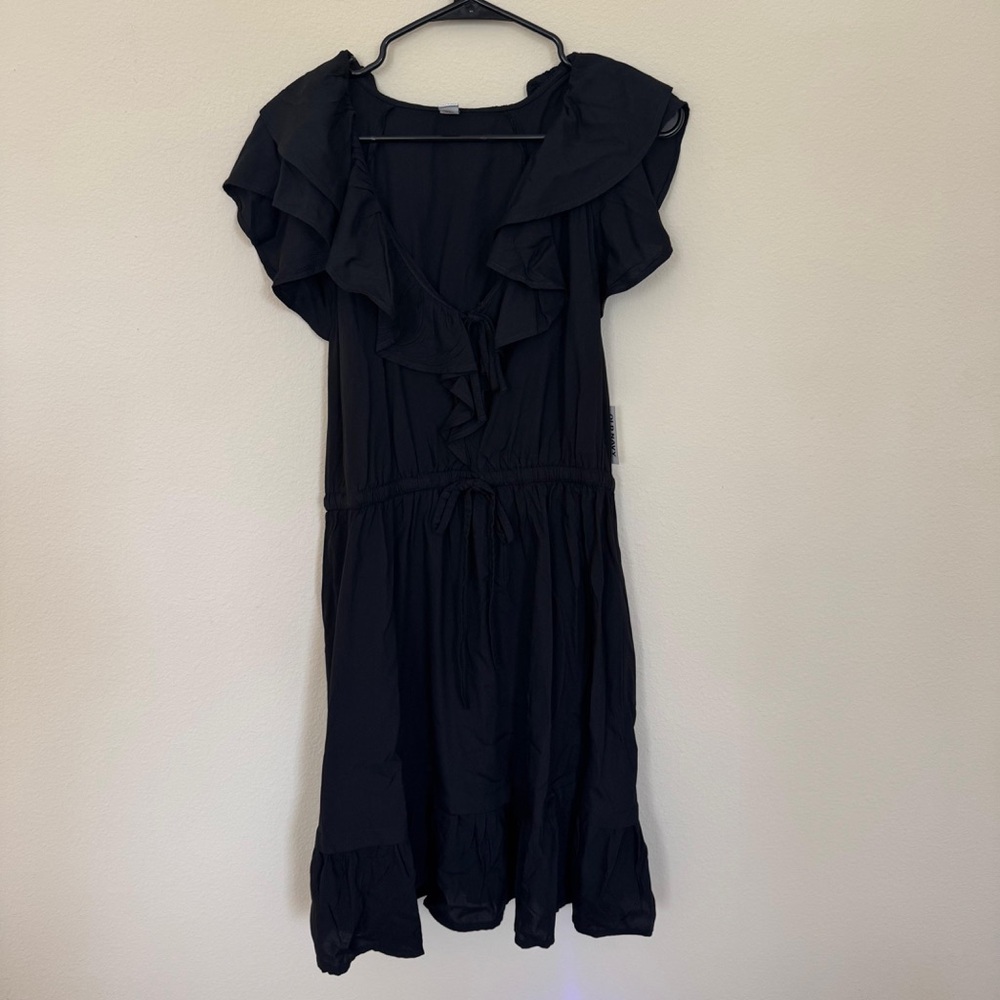 Old Navy Black Ruffle Midi Dress | Short Sleeve Tie Waist V-Neck | Size L